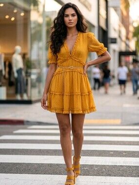 NWT Story On mustard mini dress w V neckline, ruffle Sz S/M SO CUTE!